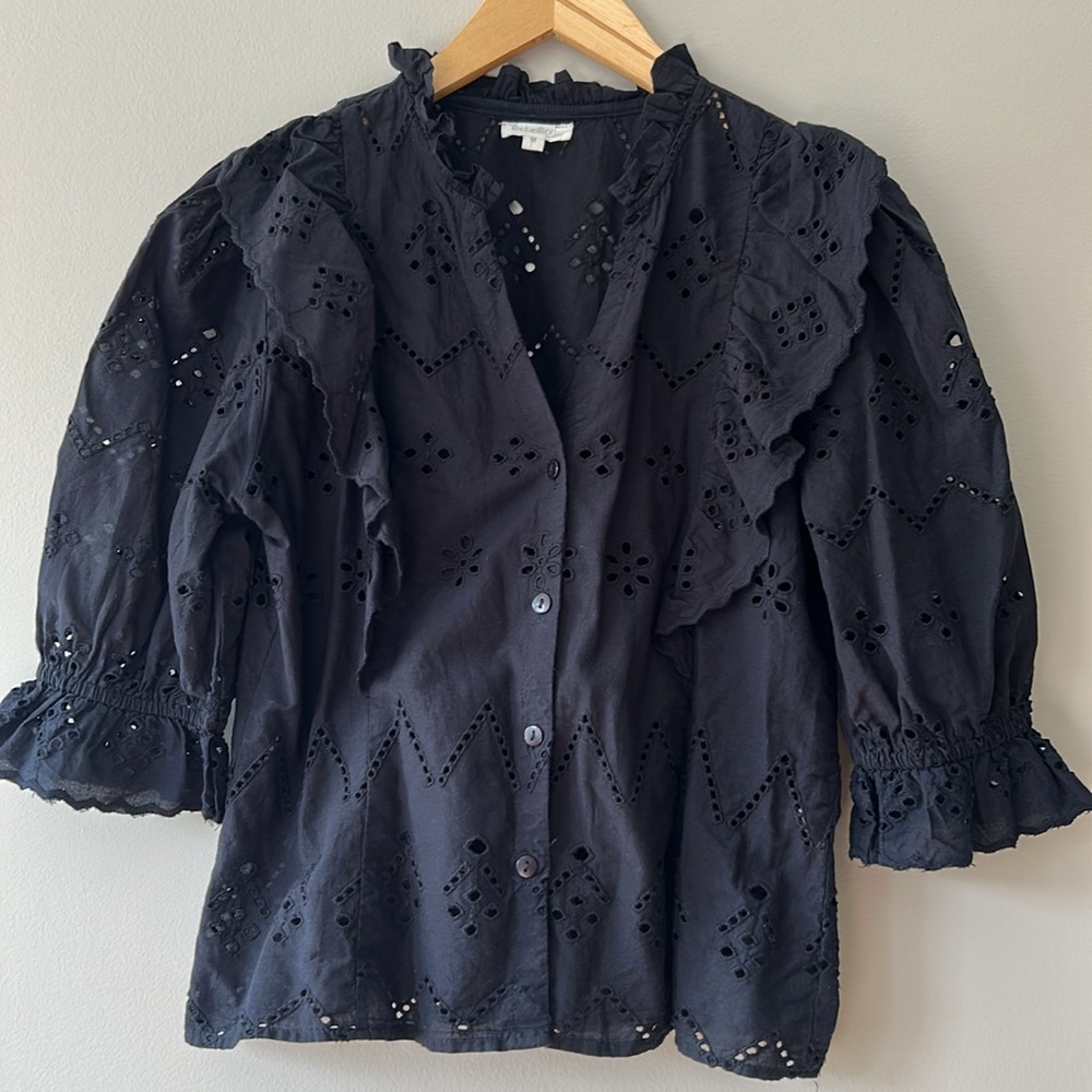 Rebellion Black Eyelet Puff Sleeve Button Front Top - Picture 2 of 8